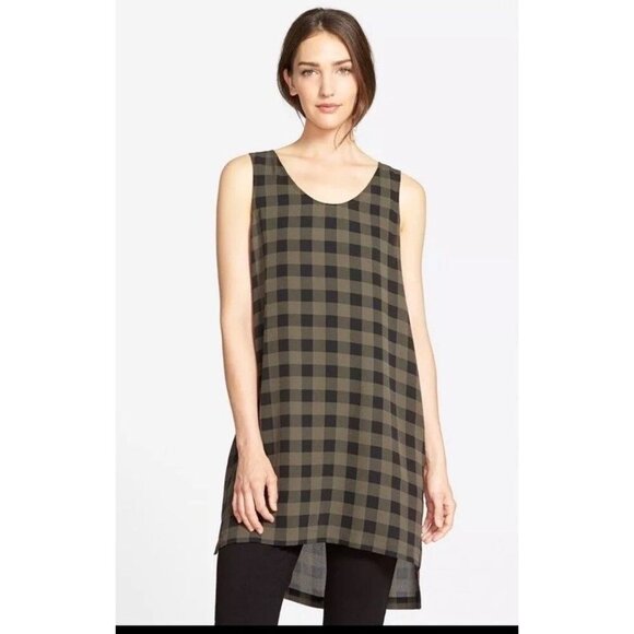 Eileen Fisher Scoop Neck Tunic in Grn/blk Buffalo Check Plaid Silk Top Size XL - Picture 2 of 8
